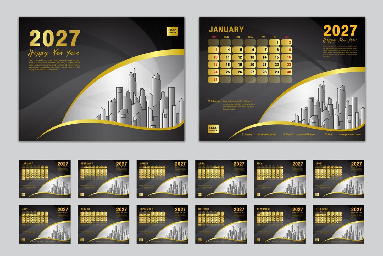 Calendar 2027 template set vector, Week starts Sunday, set of 12 month