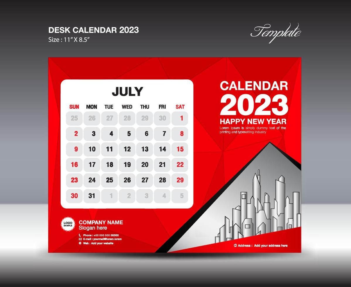 plantilla de julio de 2023: calendario de escritorio plantilla de año 2023, calendario de pared año 2023, semana comienza el domingo, diseño de planificador, diseño de papelería, diseño de volante, medios de impresión, vector de fondo de polígono rojo