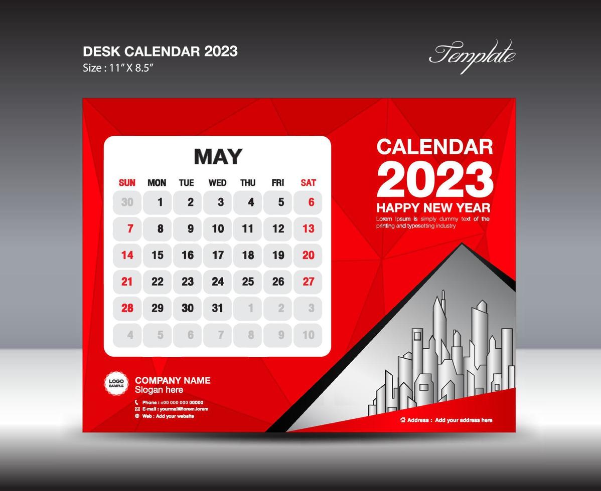 plantilla de mayo de 2023: calendario de escritorio plantilla de año 2023, calendario de pared año 2023, semana comienza el domingo, diseño de planificador, diseño de papelería, diseño de volante, medios de impresión, vector de fondo de polígono rojo