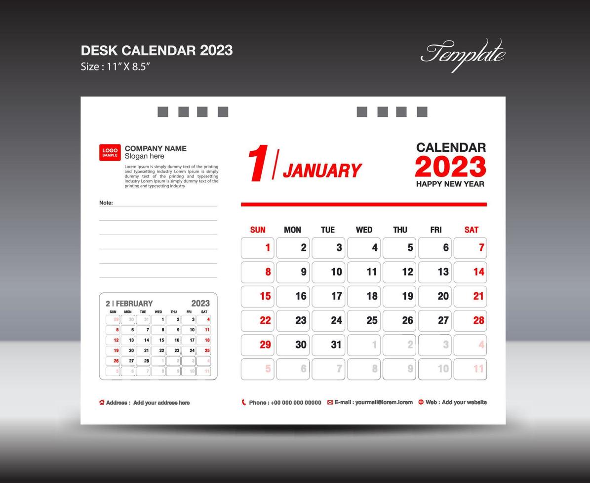 January 2023 template- Desk Calendar 2023 year template, wall calendar 2023 year, Week starts Sunday, Planner design, Stationery design, flyer design, printing media, red concept design vector