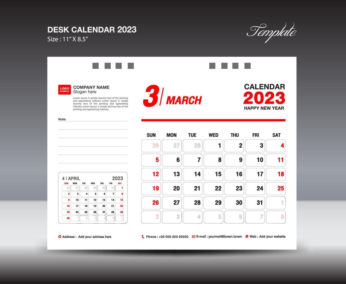 March 2023 template- Desk Calendar 2023 year template, wall calendar 2023 year, Week starts Sunday, Planner design, Stationery design, flyer design, printing media, red concept design vector