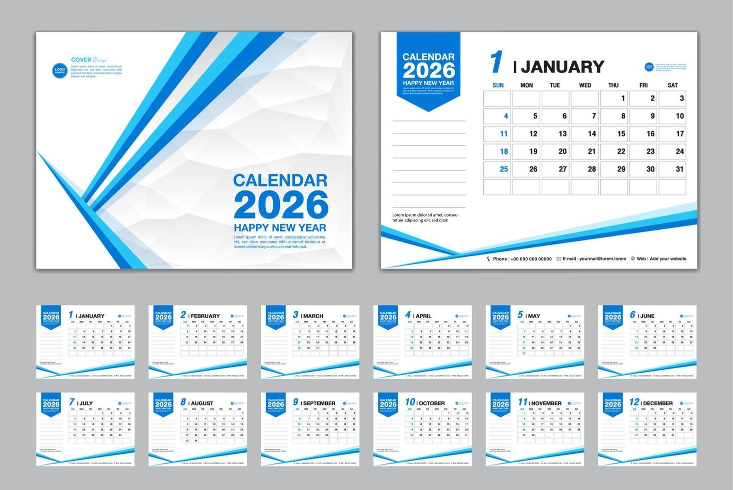 vector de conjunto de plantillas de calendario 2026, la semana comienza el domingo, conjunto de 12 meses, calendario de escritorio 2026 año, calendario de pared 2026, planificador, plantilla de negocios, papelería, medios de impresión, fondo de polígono azul