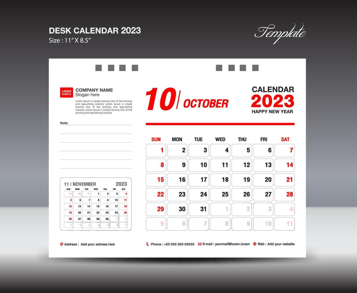 October 2023 template- Desk Calendar 2023 year template, wall calendar 2023 year, Week starts Sunday, Planner design, Stationery design, flyer design, printing media, red concept design vector