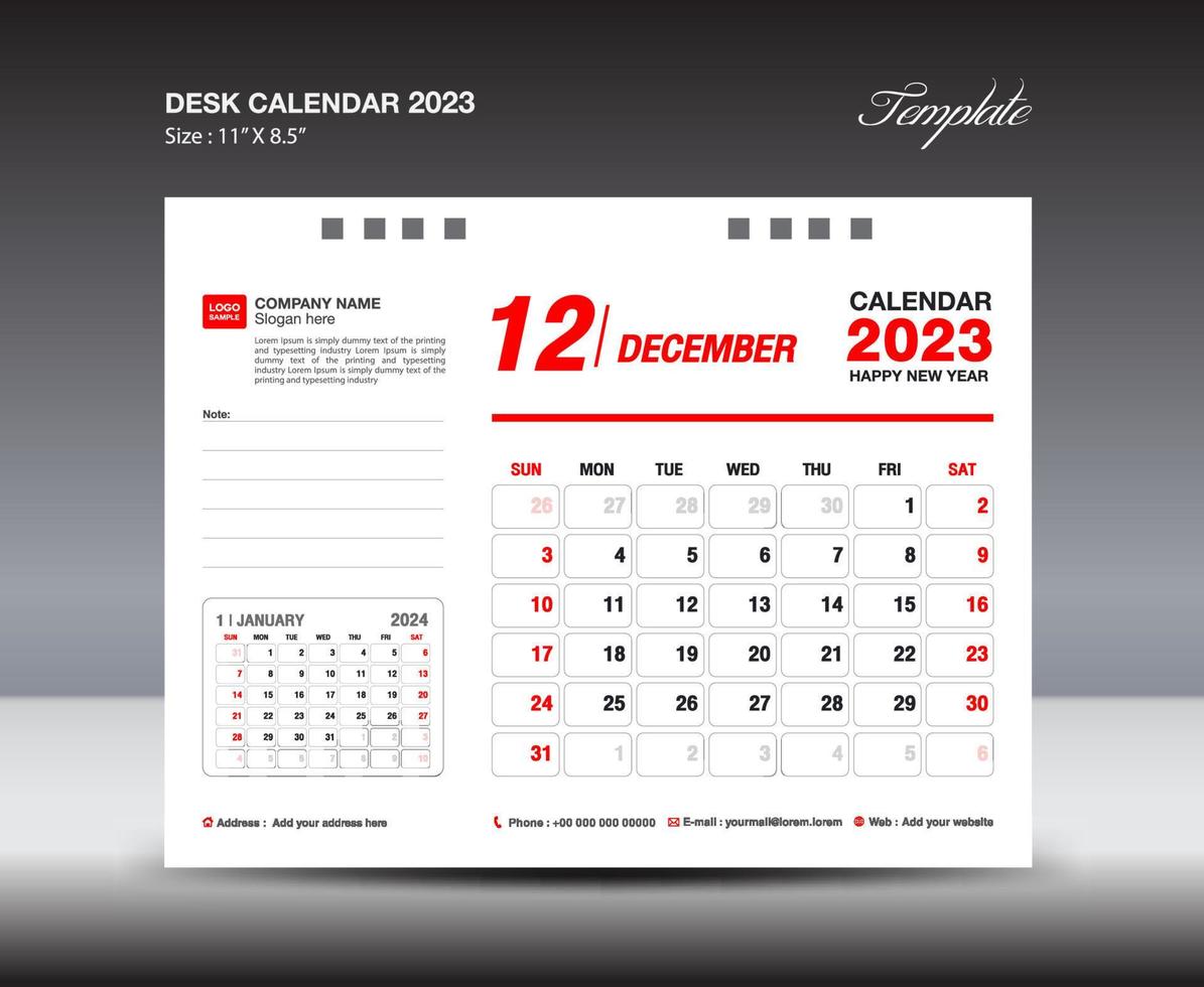 December 2023 template- Desk Calendar 2023 year template, wall calendar 2023 year, Week starts Sunday, Planner design, Stationery design, flyer design, printing media, red concept design vector