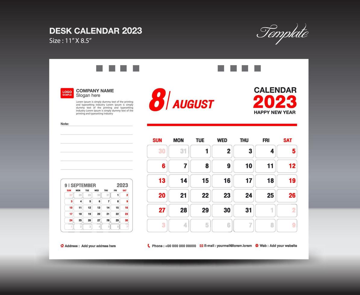 plantilla de agosto de 2023: calendario de escritorio plantilla de año 2023, calendario de pared año 2023, semana comienza el domingo, diseño de planificador, diseño de papelería, diseño de folletos, medios de impresión, diseño de concepto rojo vector