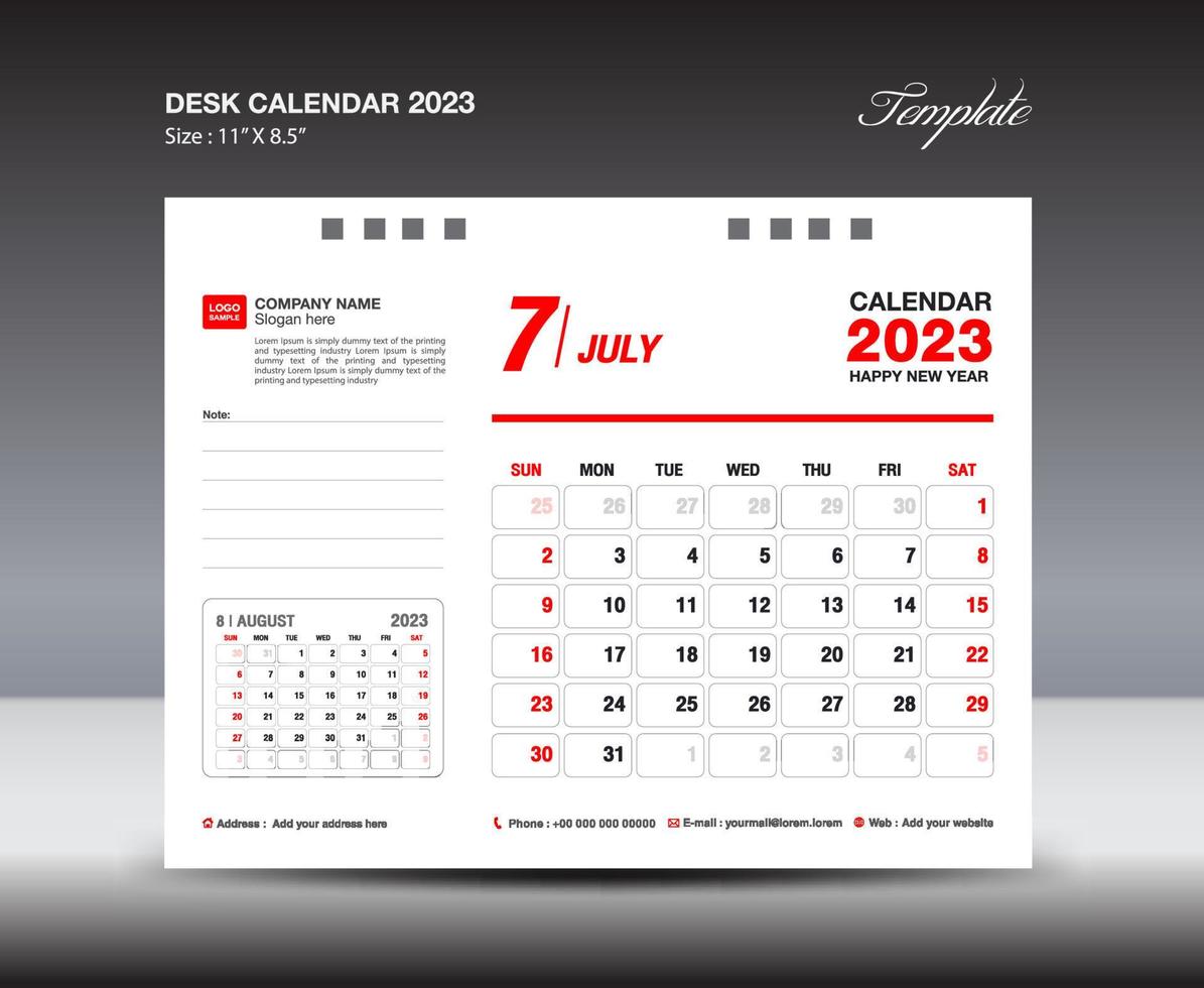 July 2023 template- Desk Calendar 2023 year template, wall calendar 2023 year, Week starts Sunday, Planner design, Stationery design, flyer design, printing media, red concept design vector