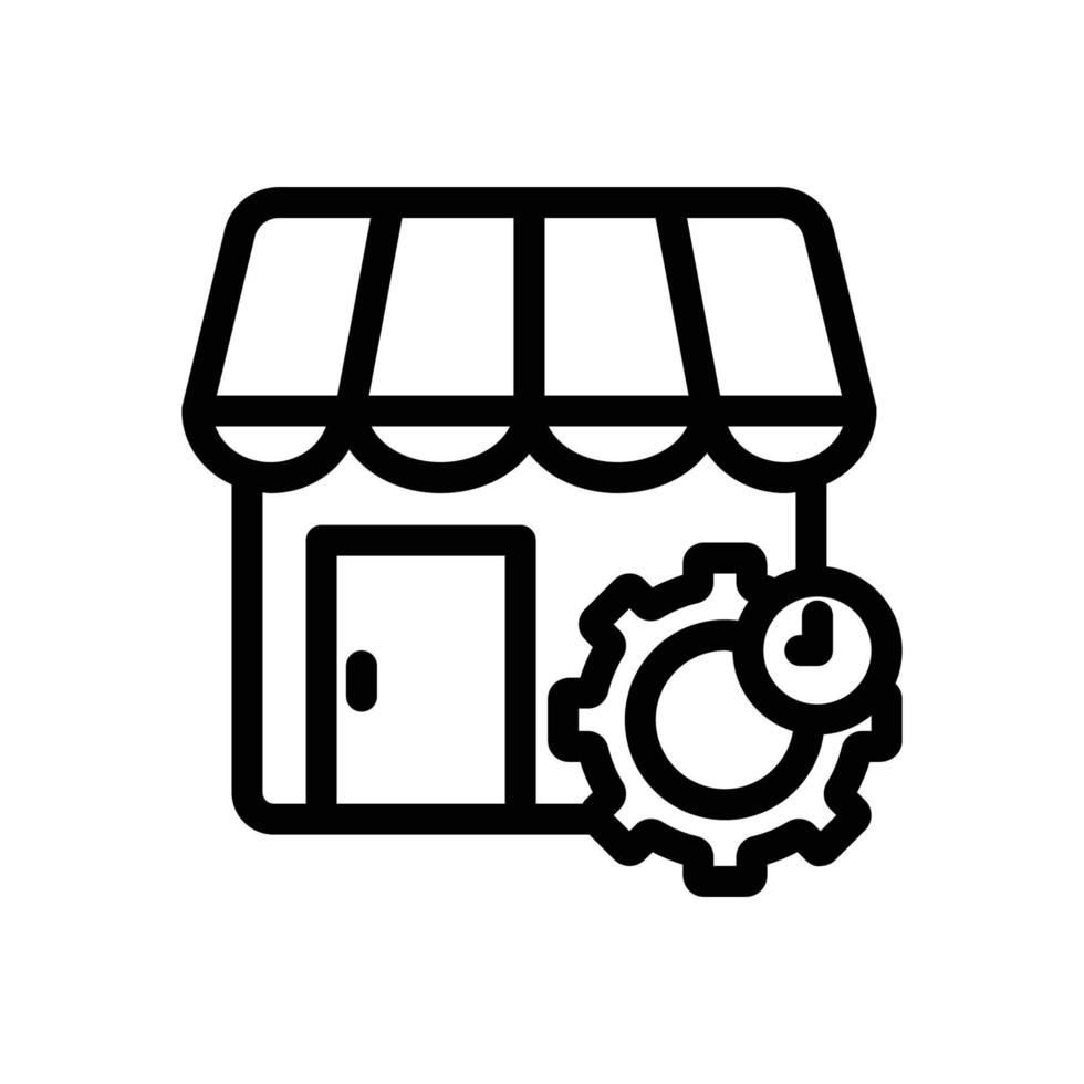 Store line icon illustration with gear and time. suitable for store repair icon. icon related to e-commerce. Simple vector design editable. Pixel perfect at 32 x 32