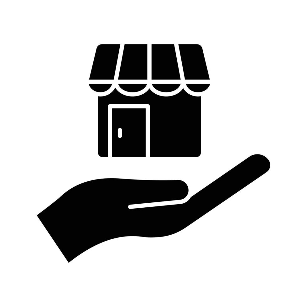 ilustración de icono de mano con tienda. estilo de icono de glifo. adecuado para el icono de la tienda. icono relacionado con el comercio electrónico. diseño vectorial simple editable. píxel perfecto a 32 x 32 vector