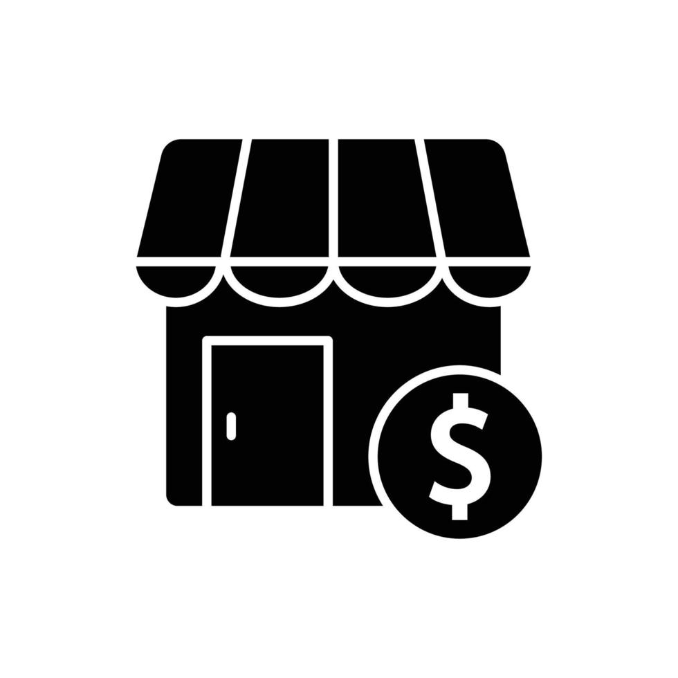 ilustración del icono de tienda con dólar. estilo de icono de glifo. adecuado para el icono de compras. icono relacionado con el comercio electrónico. diseño vectorial simple editable. píxel perfecto a 32 x 32 vector