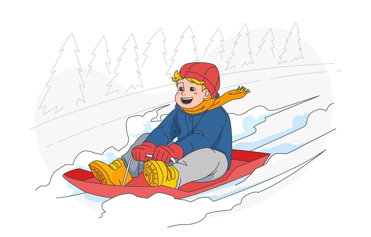 Excited Boy Playing Sled in Snow vector