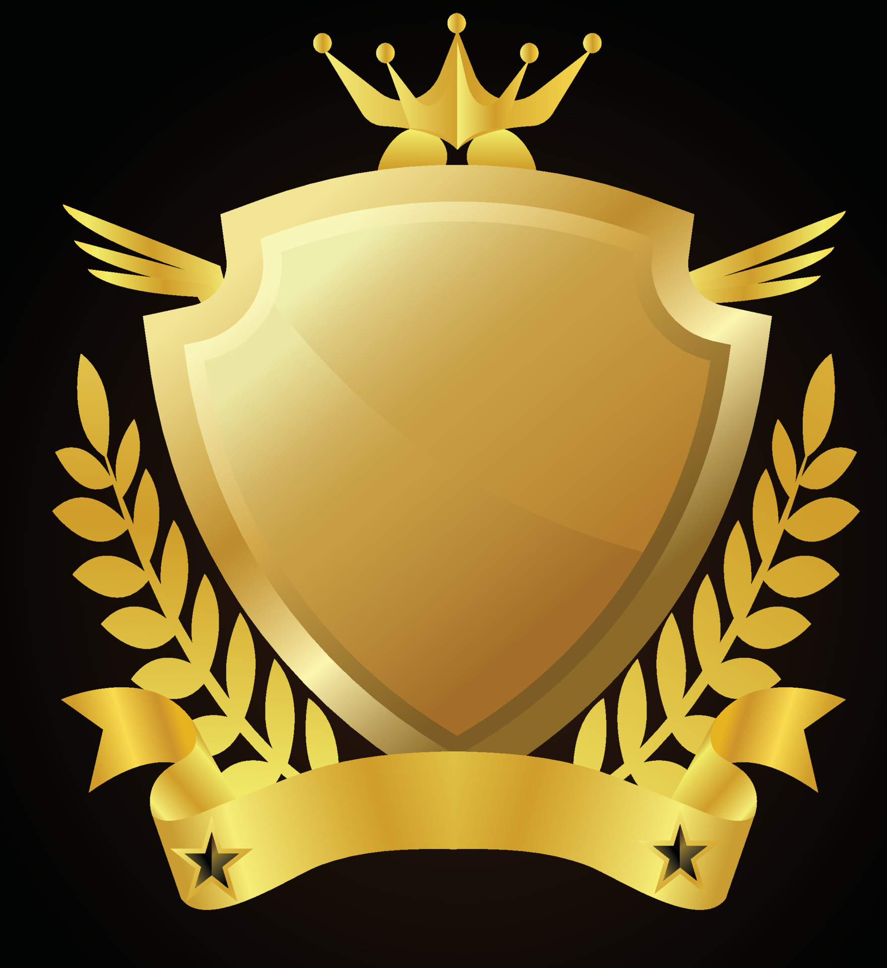 Glass shield with golden frame and ribbon. Gold heraldic emblems vector