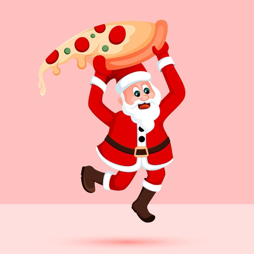 happy santa jumping with giant pizza slice, christmas character vector for pizza shop promotions.