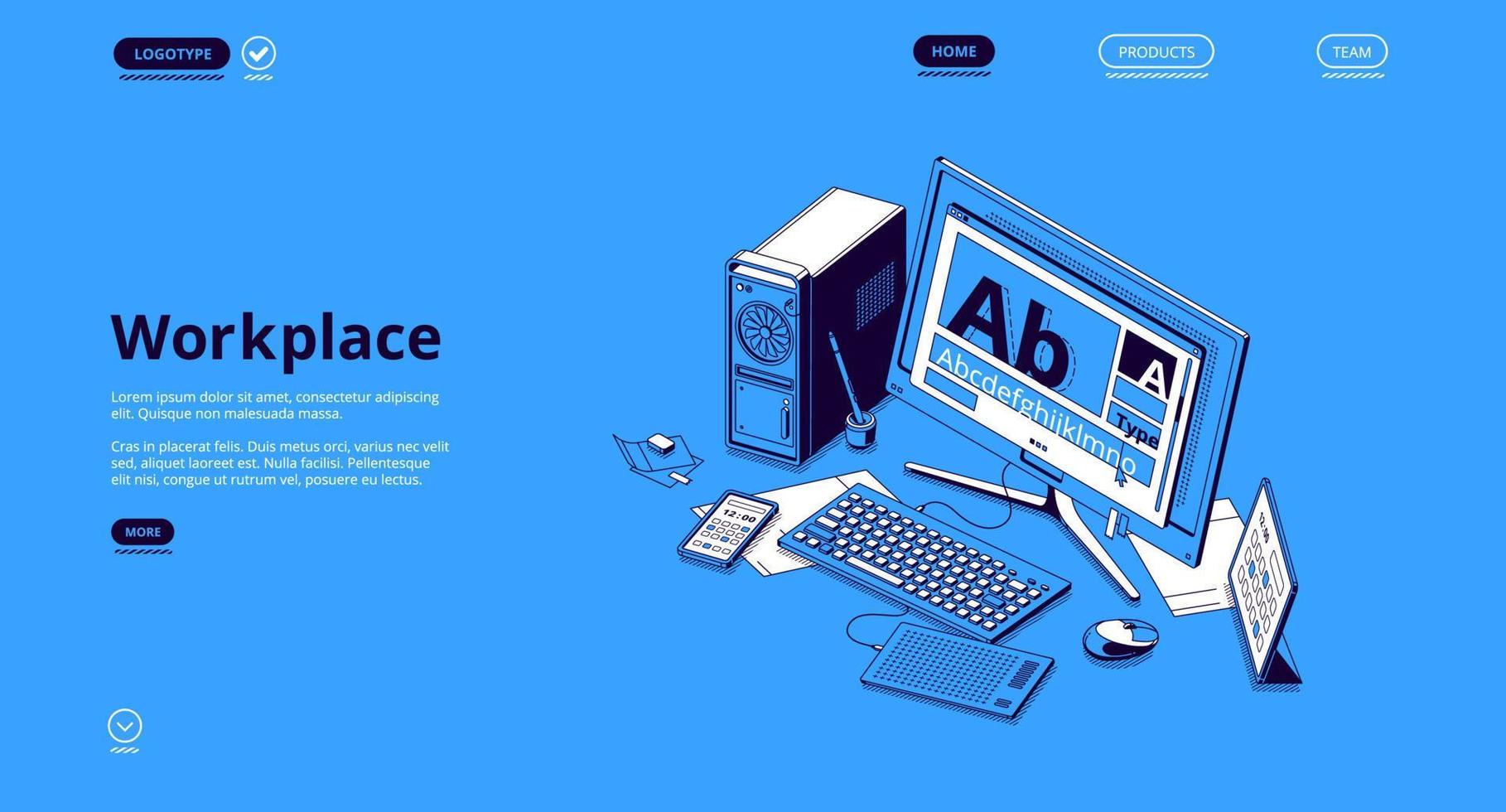 Vector banner of workplace with isometric computer
