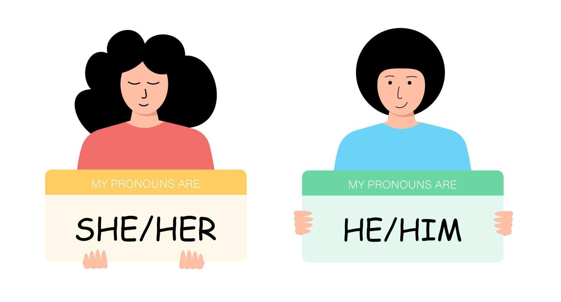 English pronouns She and He. Beautiful girl and man with signs for a book, presentation, website, application, education vector
