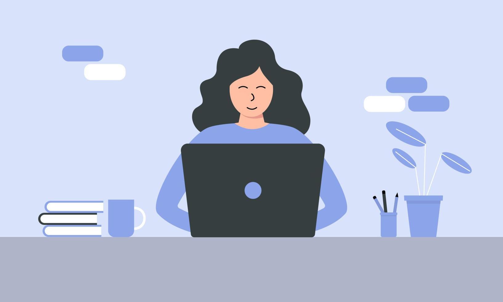 Woman working at home office. Character sitting at desk in room, looking at computer screen vector