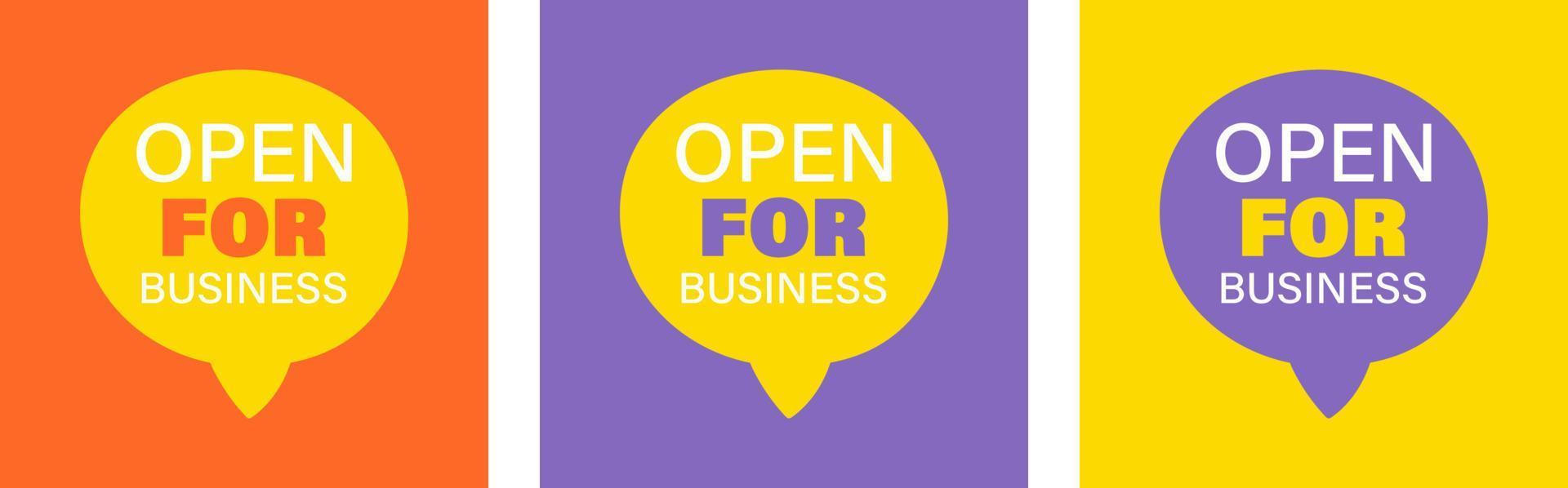 Open for business concept. Set colourful posters vector