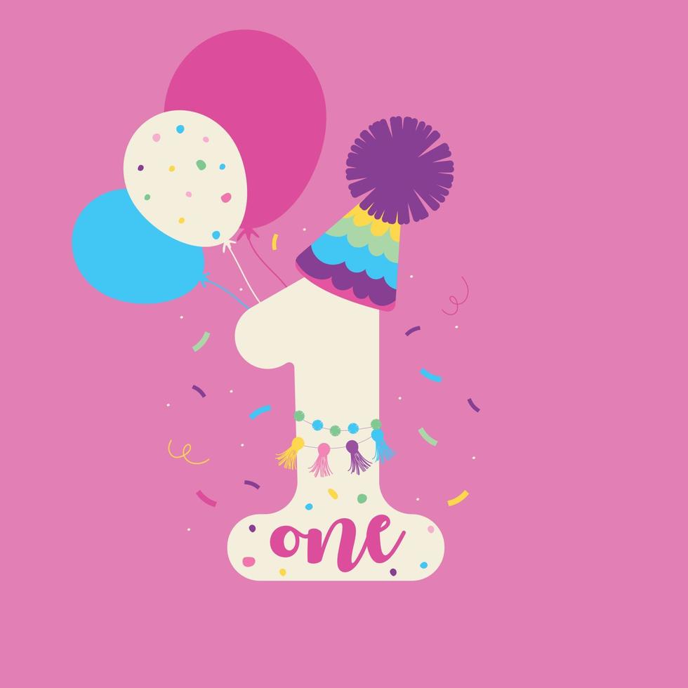 ilustración vectorial del número uno para cumpleaños. figura blanca con confeti y globos al estilo mexicano. figura de vacaciones para una tarjeta de cumpleaños o publicidad o pancarta. vector