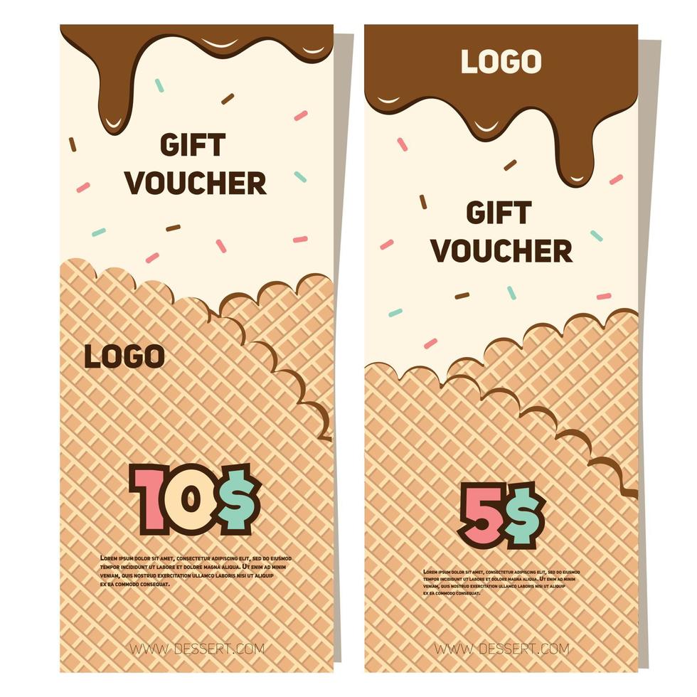 Vector gift voucher template. Voucher for dessert or ice cream with sprinkles. Flyer for sweet stock in pink and brown colors.
