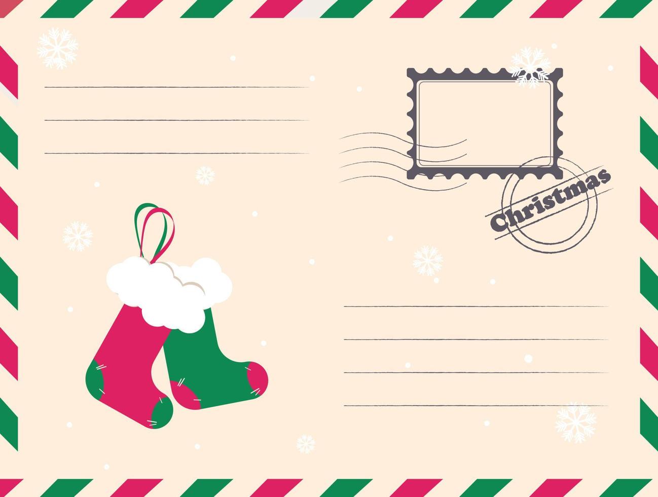 postal navideña. ilustración vectorial de una carta decorada con calcetines y copos de nieve en estilo antiguo para el diseño de carteles, anuncios o postales navideñas. vector