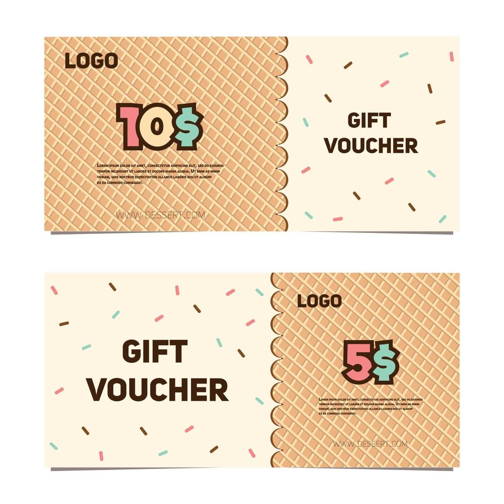 Vector gift voucher template. Voucher for dessert or ice cream with sprinkles. Flyer for sweet stock in pink and brown colors.