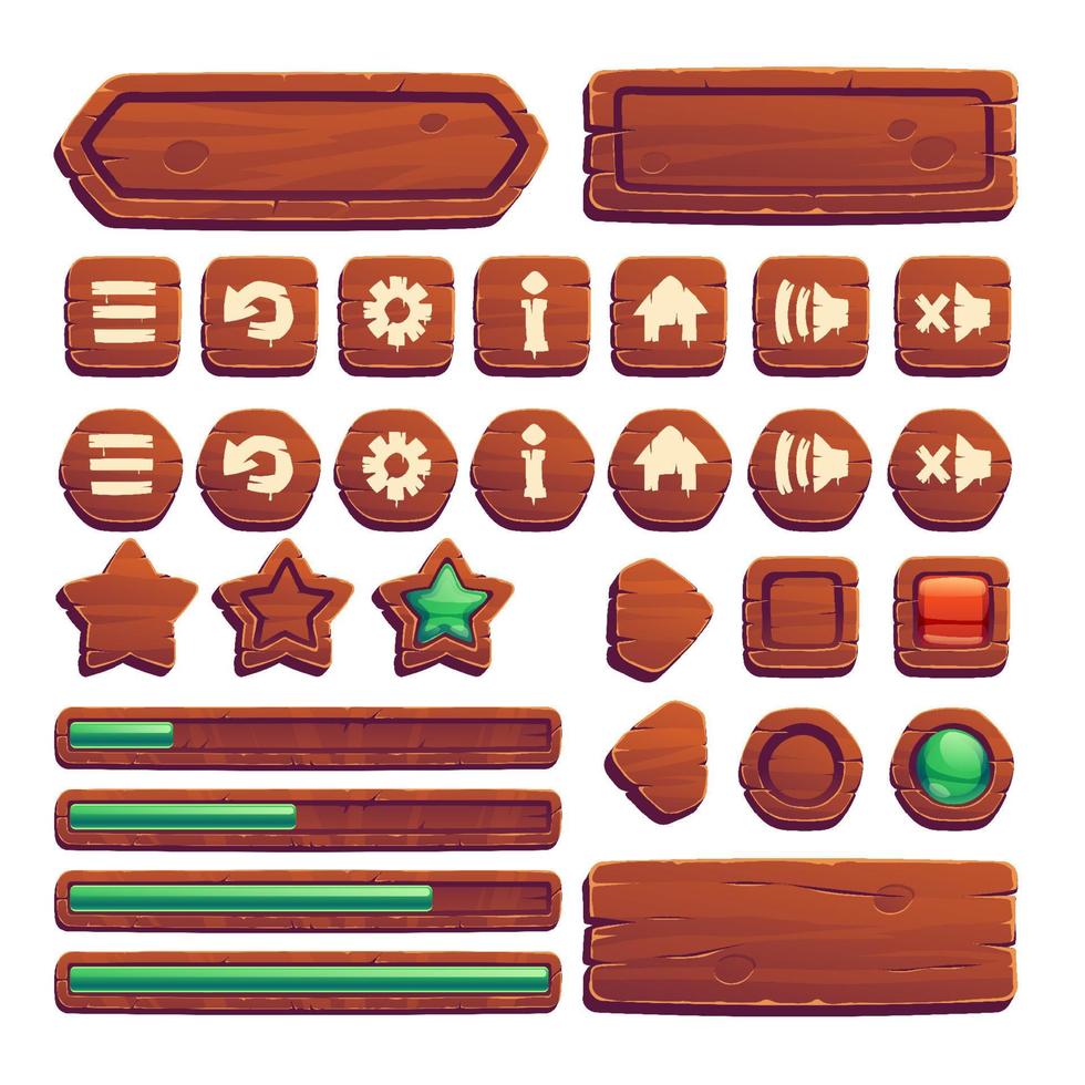 botones de madera para juego ui, elementos gui vector