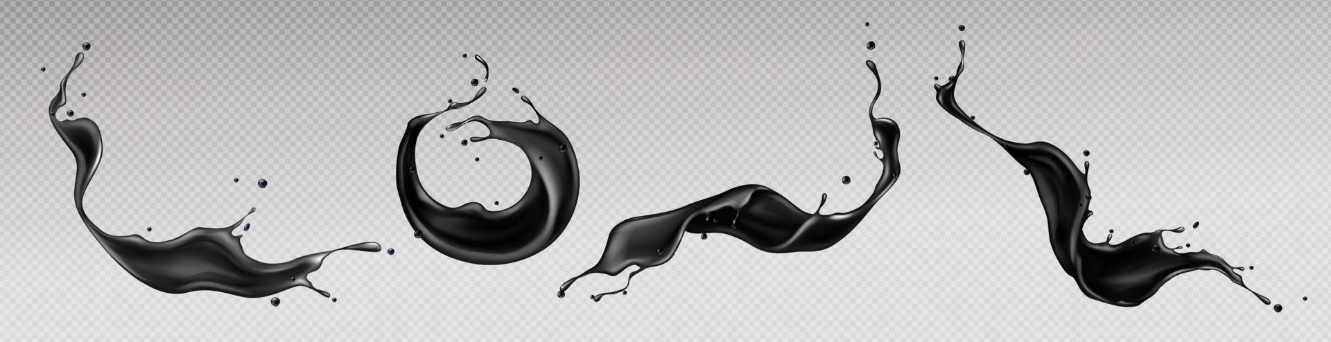 Black liquid splashes, swirl and waves with drops vector