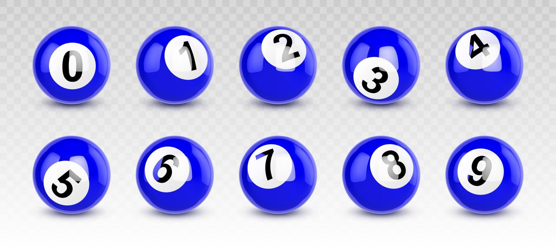 Blue billiard balls with numbers from zero to nine vector