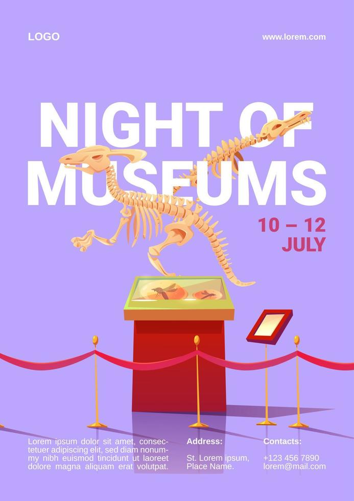 cartel de la noche de los museos con esqueleto de dinosaurio vector