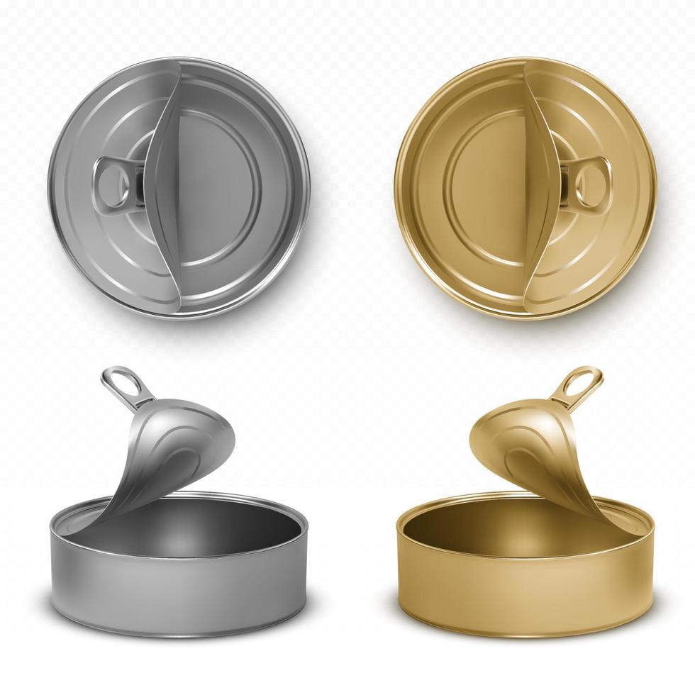 Open tin cans, pet food mockup jars with pull ring vector