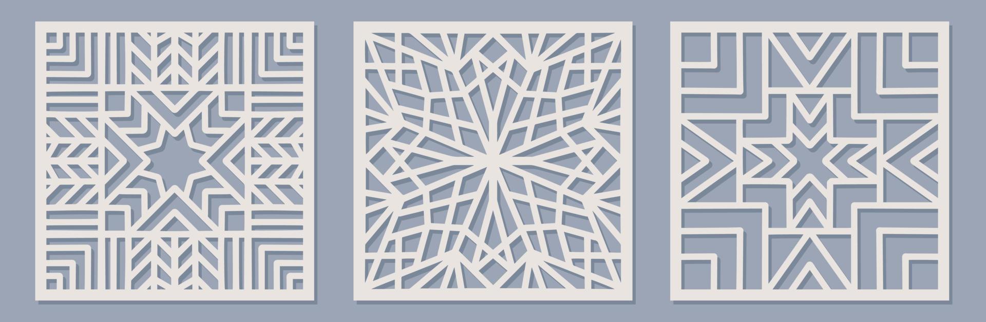 Vector Laser cut square panel set with vintage baroque pattern. Ornamental templates collection for wedding invitation or greeting card. Cabinet fretwork screen. Metal design, wood carving