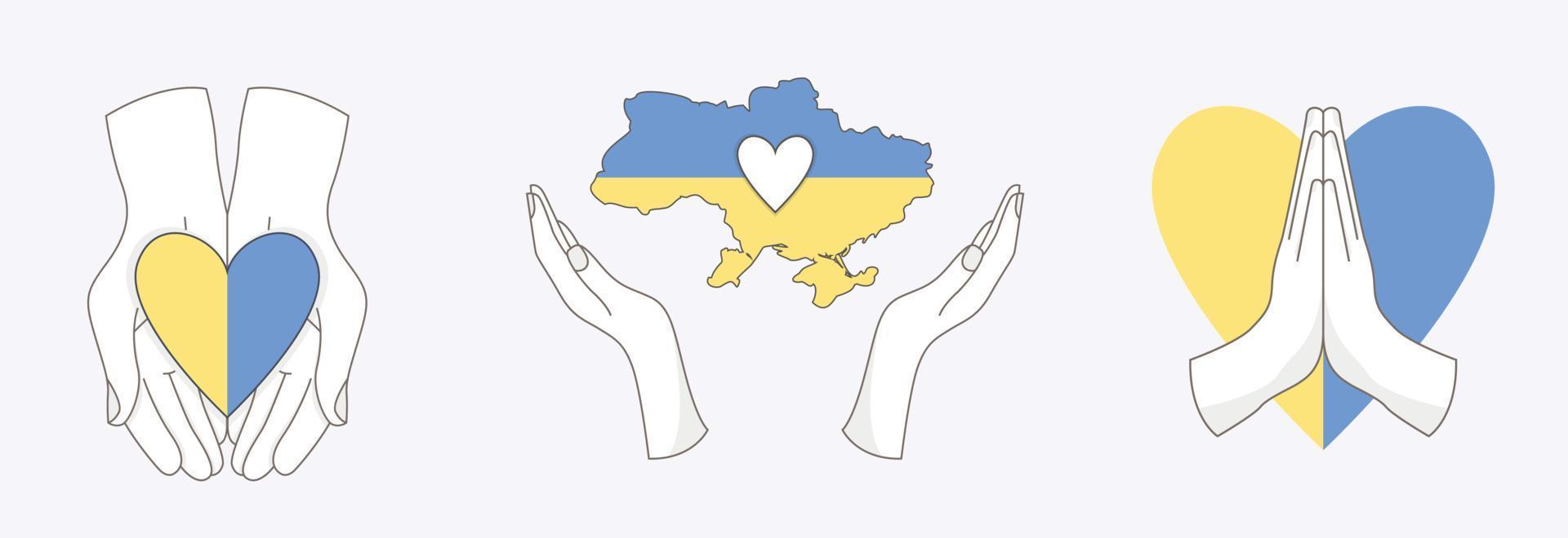 Set of Ukrainian elements with different hands. Heart flag and map of Ukraine. Save Ukraine Concept. Vector flat icons isolated on white background