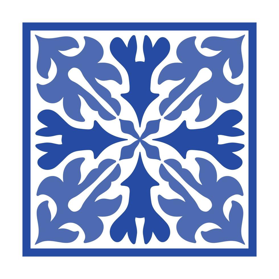 Vector Portuguese pottery tile with ceramic floral ornament. Vintage blue Portugal azulejo, Mexican talavera, Italian majolica, Arabesque motif or spanish ceramic Mosaic