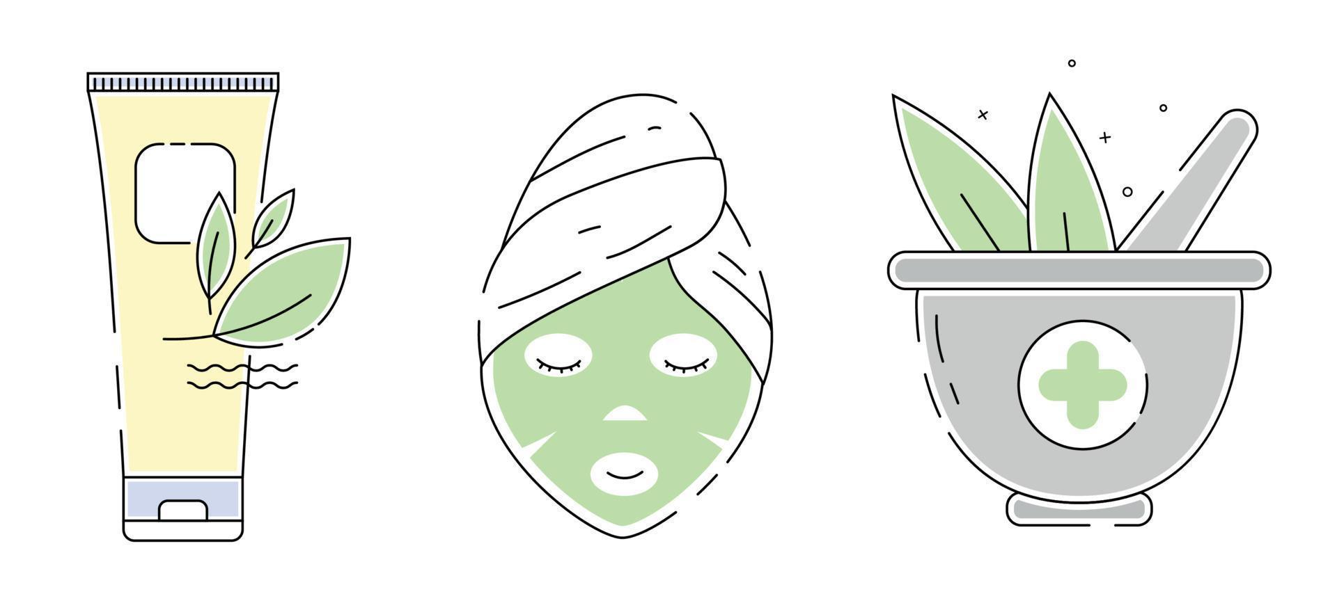 Vector Icon set of Herbal Cosmetics. Trendy flat outline illustration cosmetic Mask, organic Cream, Mortar and Pestle with green leaves. Alternative medicine concept. Isolated on white background