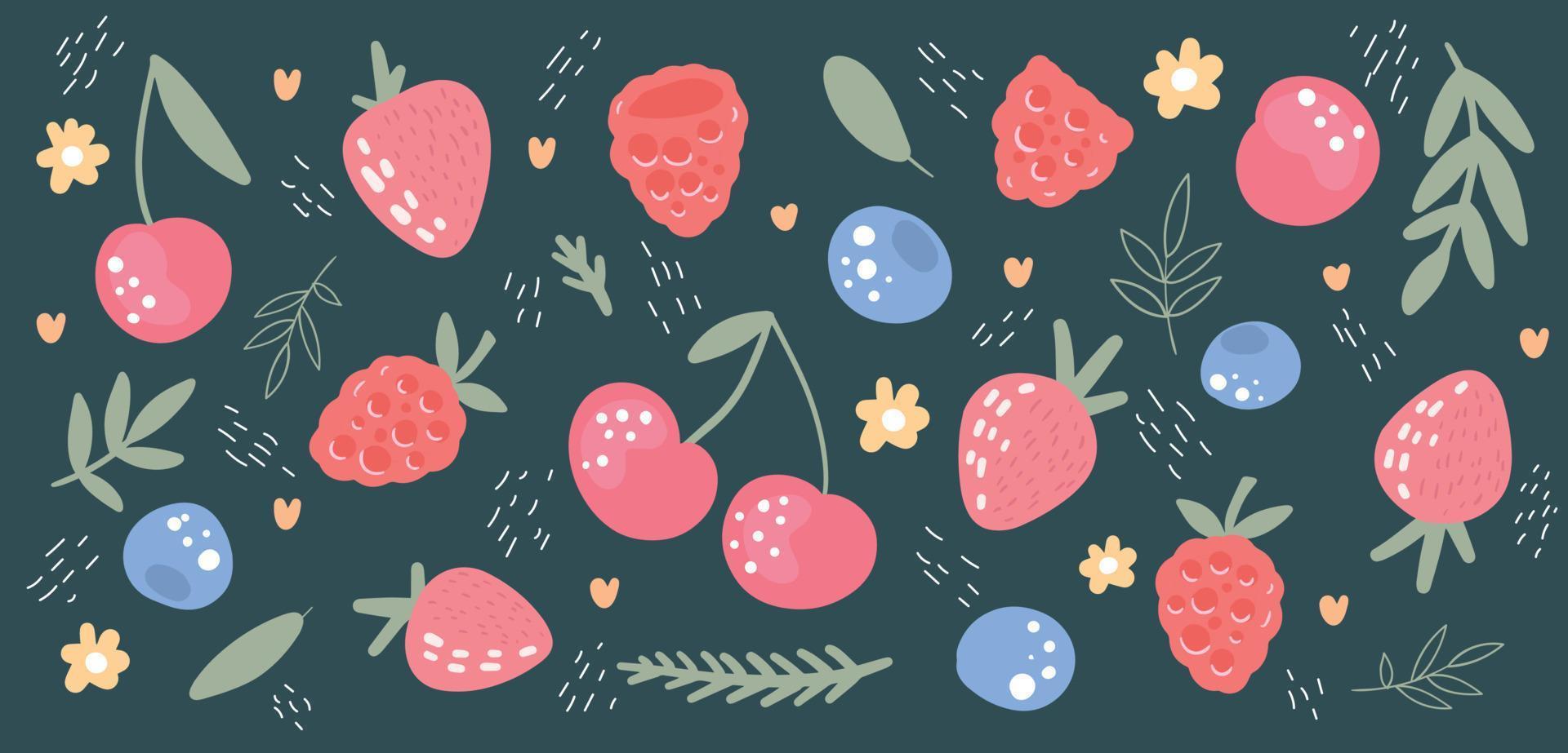 gran conjunto dibujado a mano de diferentes bayas. ilustración vectorial de fresas, arándanos, cerezas, frambuesas. concepto de cosecha. aislado sobre fondo oscuro vector