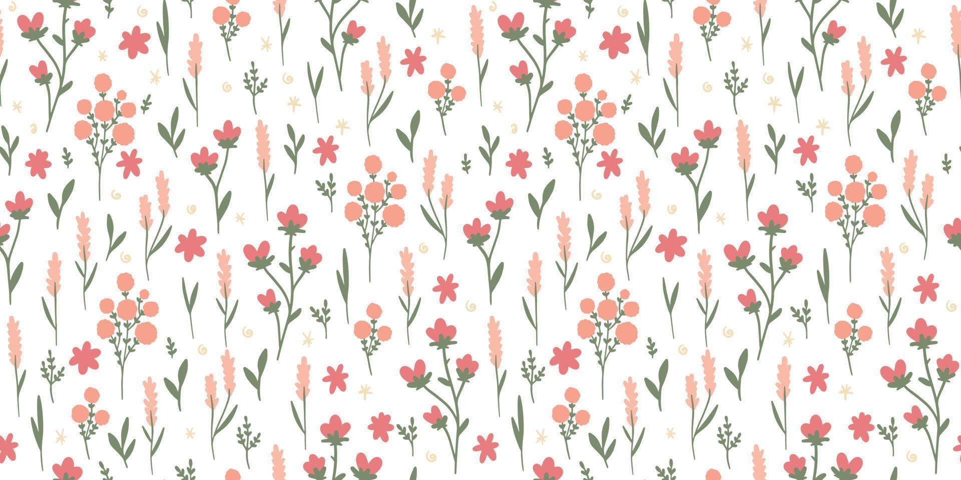 Hand drawn abstract Wildflowers Seamless pattern on white background. Vector modern summer Flower design for paper, cover, fabric, interior decor