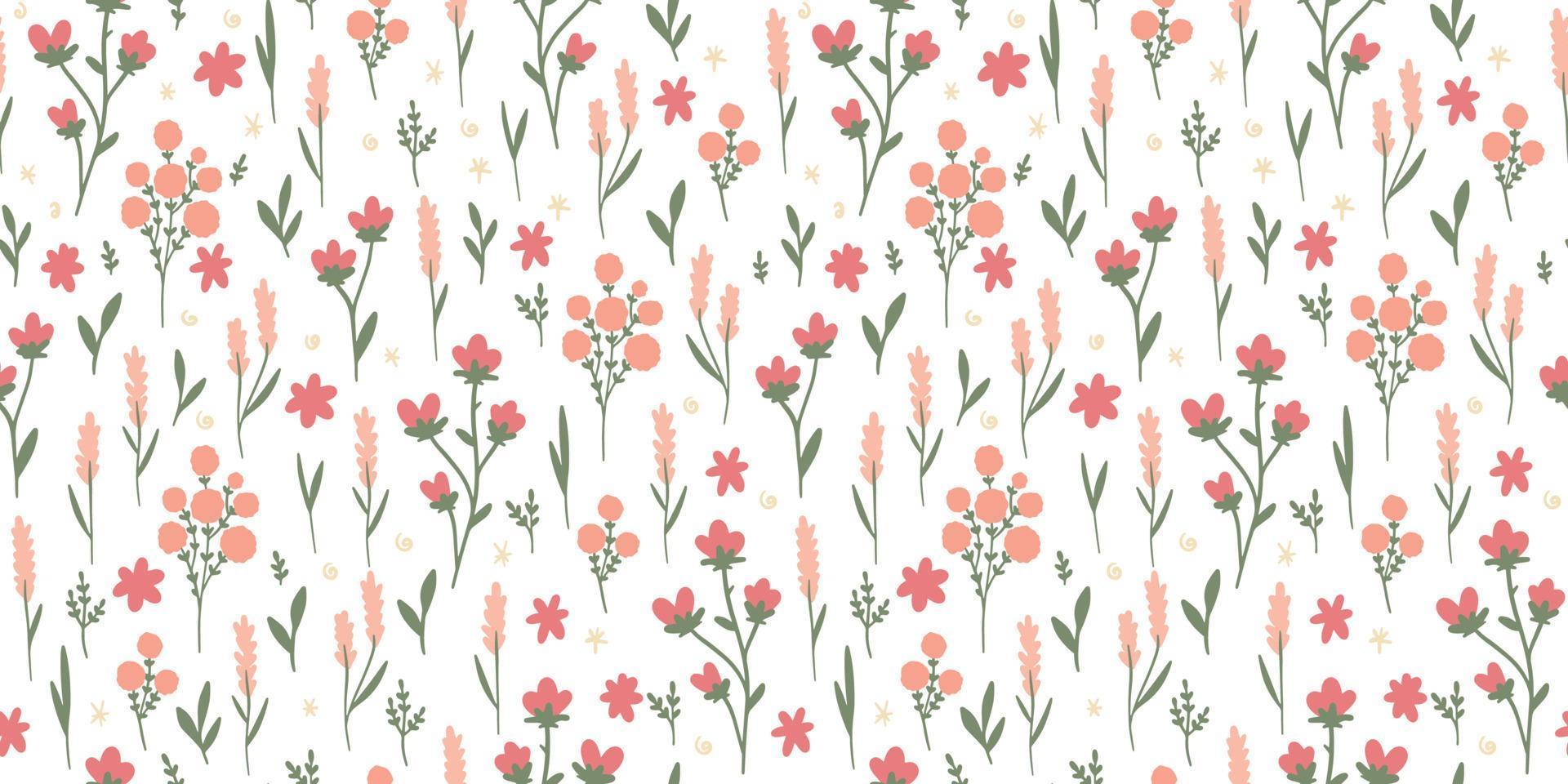 Hand drawn abstract Wildflowers Seamless pattern on white background. Vector modern summer Flower design for paper, cover, fabric, interior decor