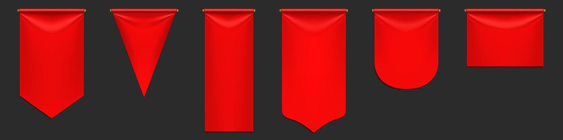 Red pennant flags mockup, blank hanging banners vector