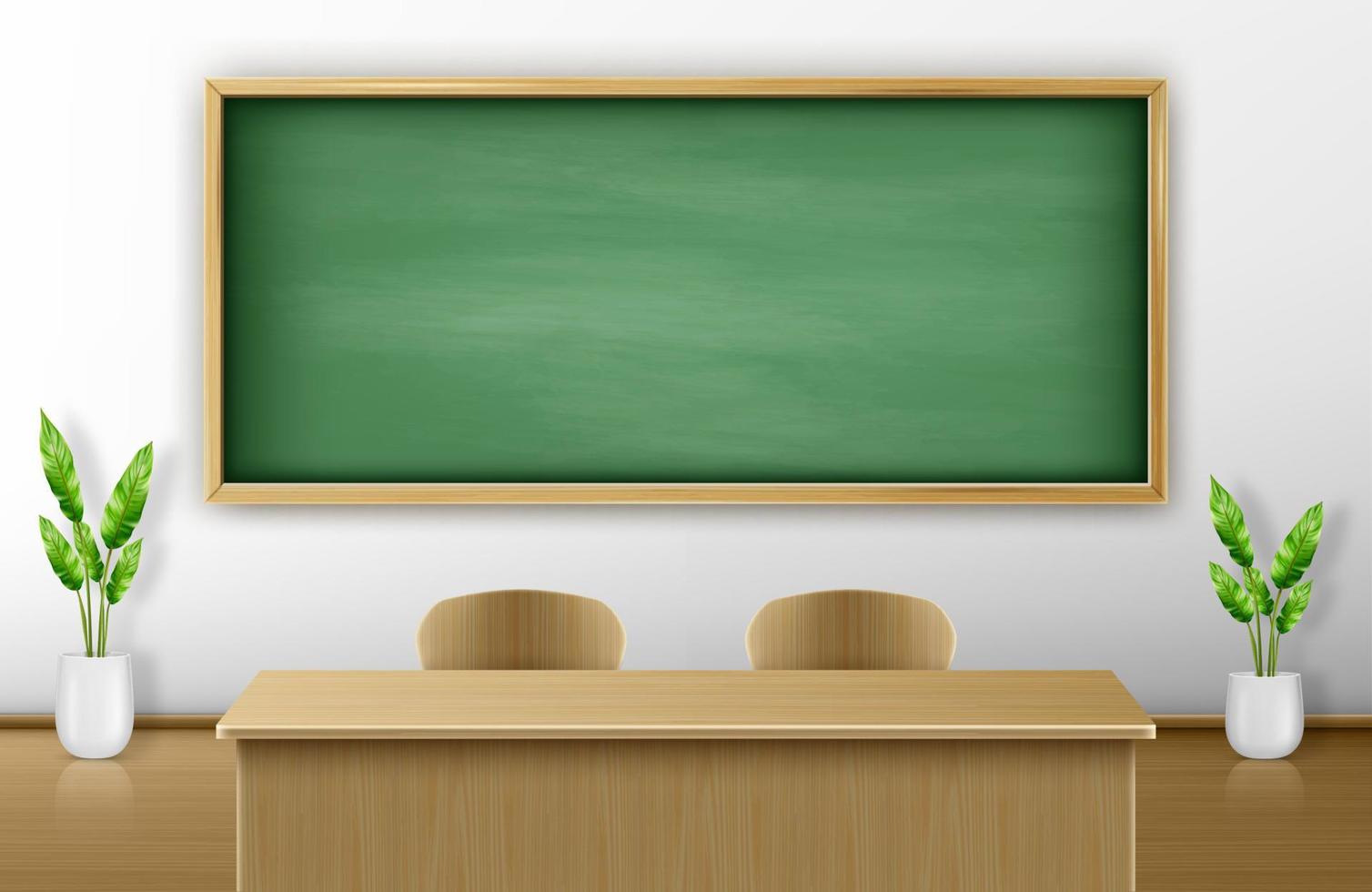 Classroom with green blackboard on wall and table vector