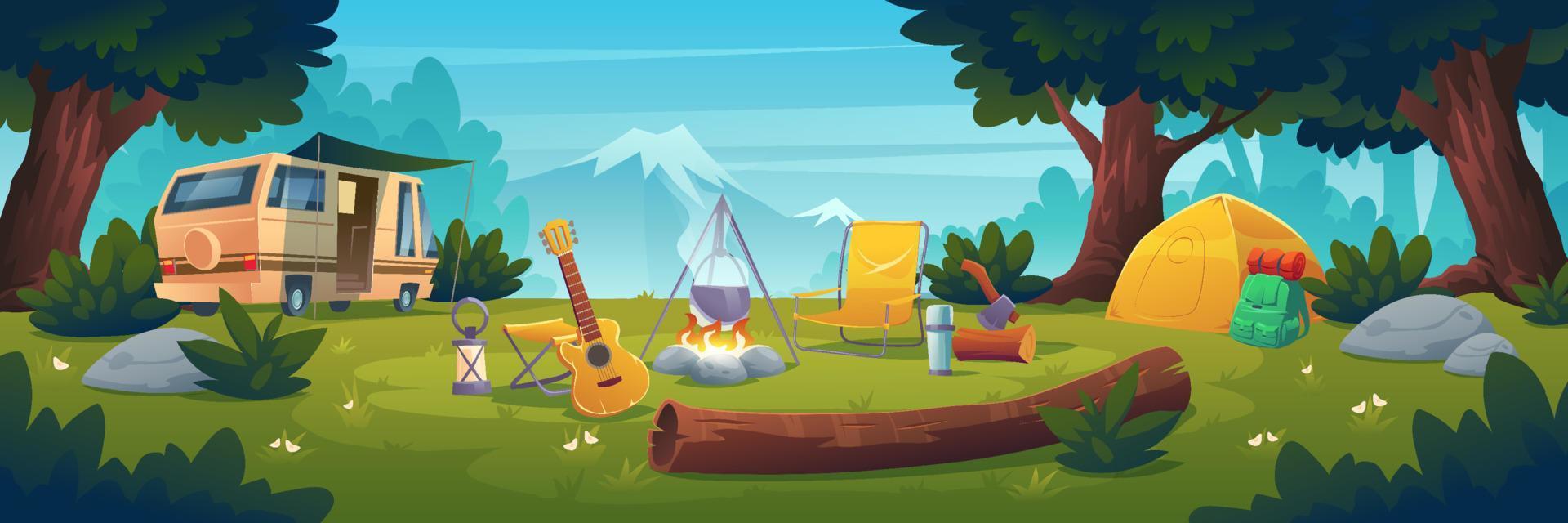 Summer camp at day time, camping, hiking activity vector