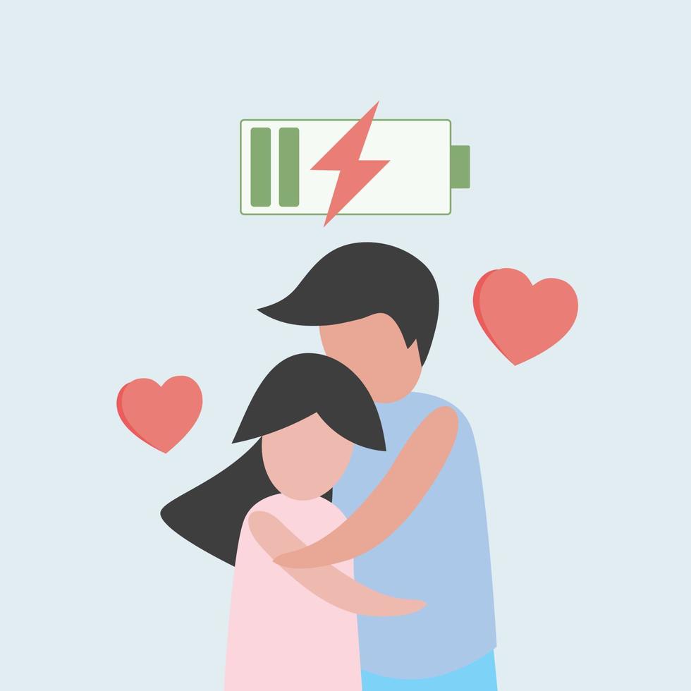 Vector lovely couple hug with love to charge power battery of love heart. Decoration for love design for valentine's day festival or online banner. Vector illustration paper art style of love couple.