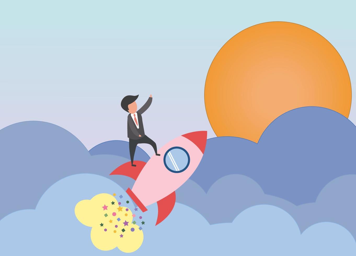 Concept for Business success, Businessman lift up rocket to the top of sky that mean can success target Business , concept business growth and the path to success,paper art design vector illustration