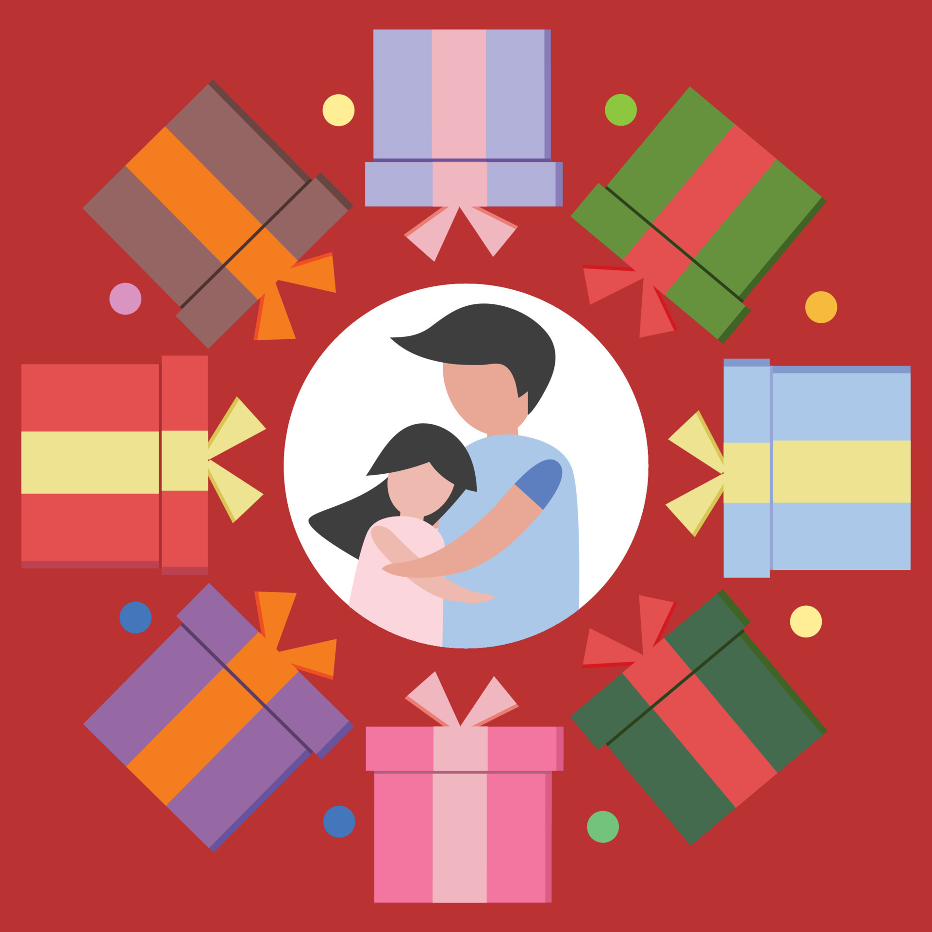 Christmas day background vector joyful love cute group of gift box and  couple or father and daughter hug for online banner christmas day or couple  or birthday on red background design illustration.