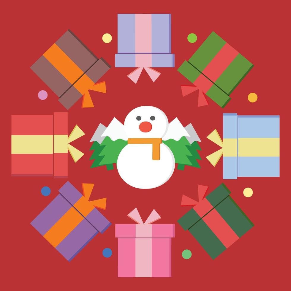 vector de fondo del día de navidad alegre grupo encantador de caja de regalo y decoración de banner en línea de muñeco de nieve para la caja de regalo del día de navidad en el diseño rojo del día de navidad. ilustración de fondo rojo de navidad.