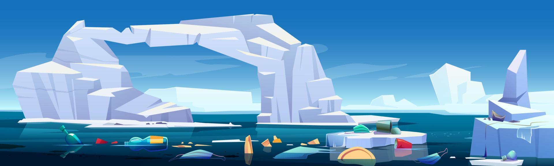mar ártico con iceberg derritiéndose y basura plástica vector