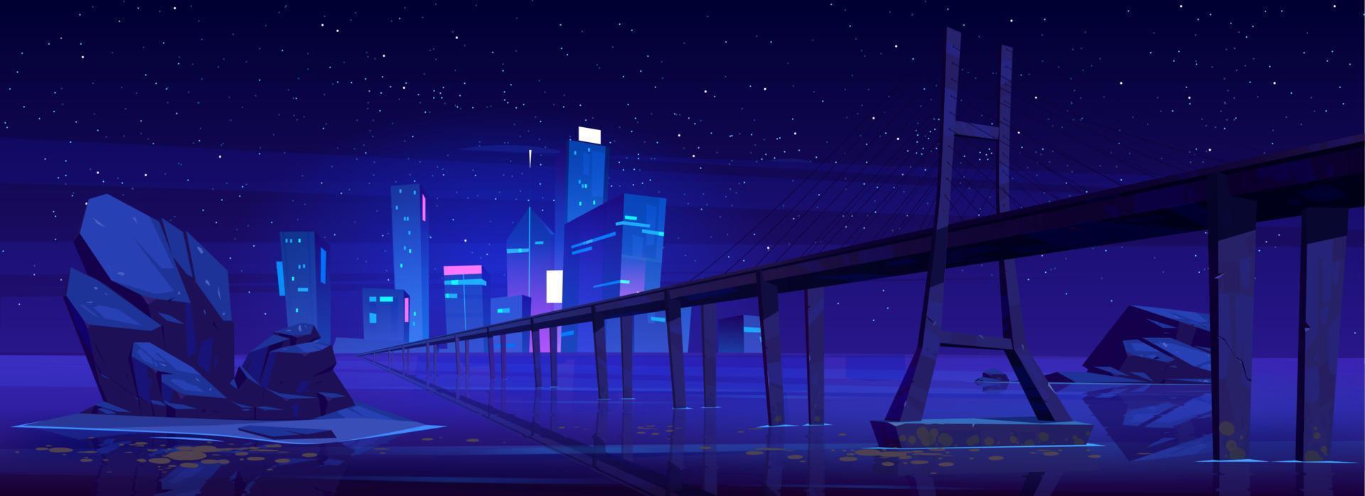 City skyline with buildings and bridge at night vector