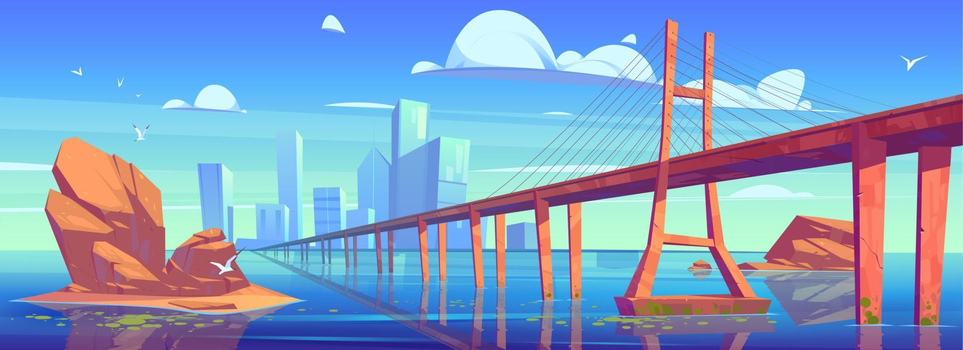 vista del horizonte de la ciudad moderna con puente de agua baja vector