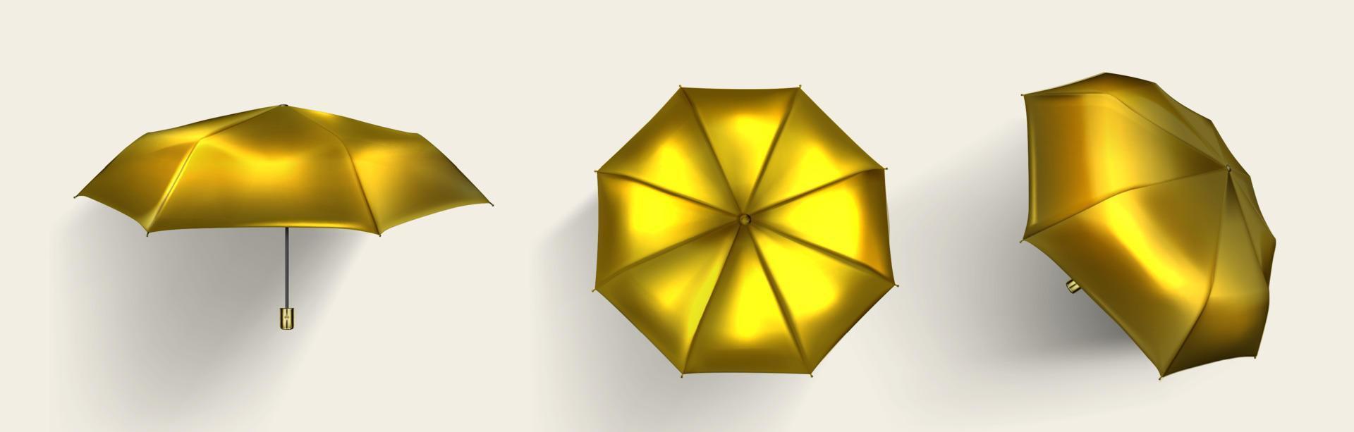 Gold umbrella golden parasol top, side, front view vector