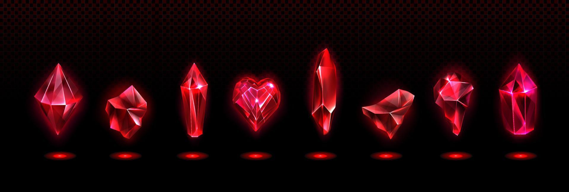 Red magic crystals, glass or gem stones, heart vector