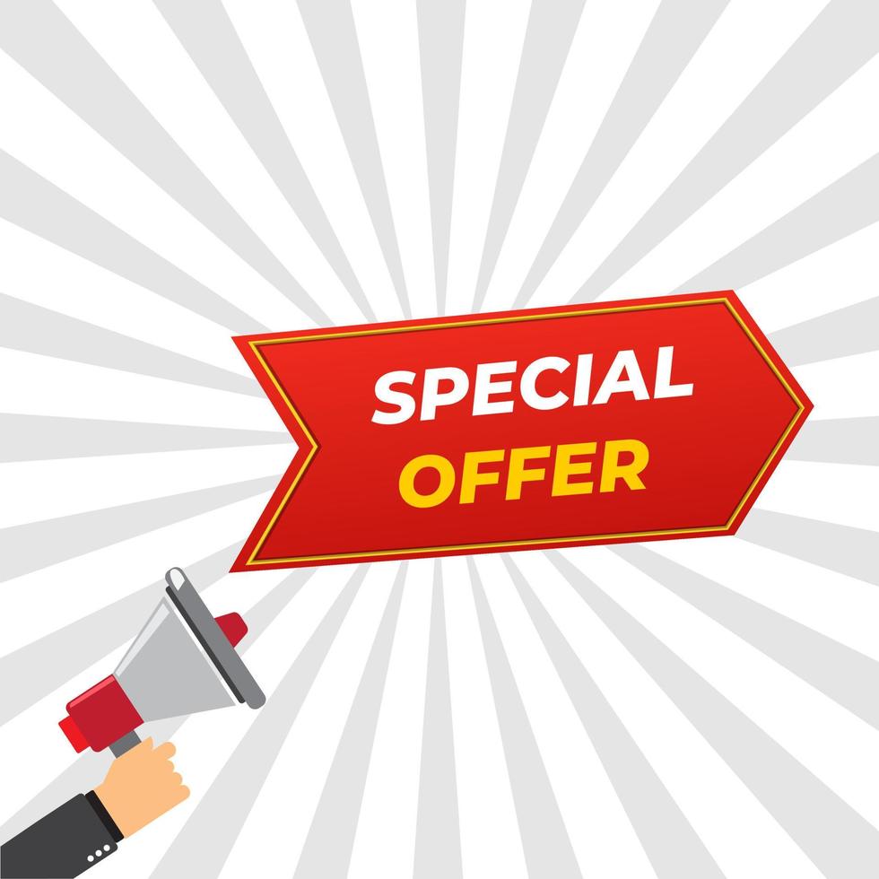 Label, special offer with megaphone and hand in cartoon template design Vector illustration