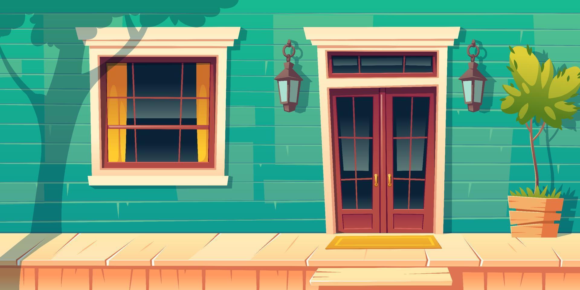 House facade with wooden porch and steps vector